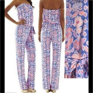 Lilly Pulitzer TIA IRIS Blue and Pink Werk it Jersey Strapless Pant Jumpsuit.